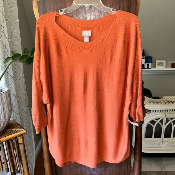 New Chicos Womens Rust Orange Sweater Sz 2 Large 3/4 Sleeve Pullover Sweater - Picture 1 of 10